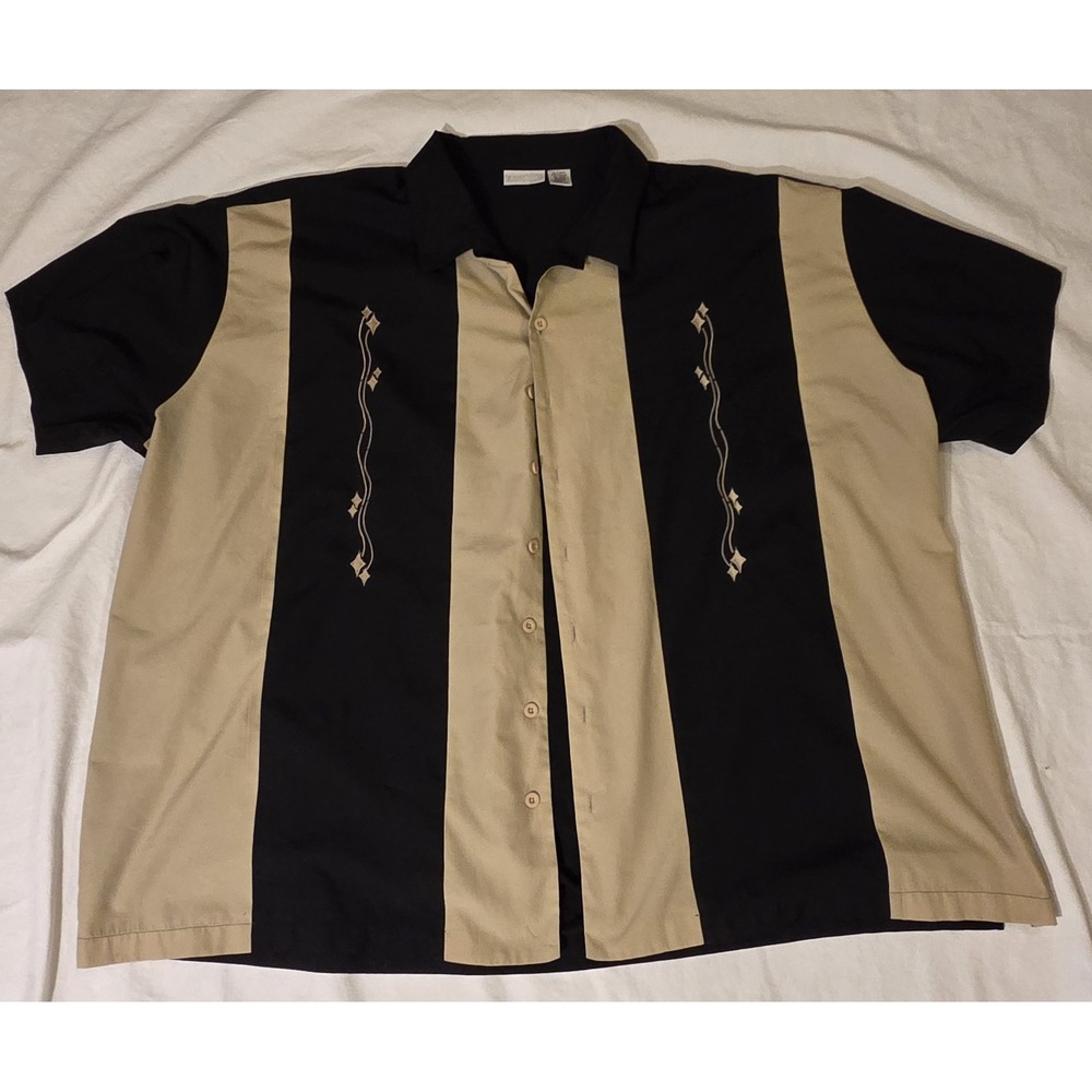King Size Men's 3XL Retro Bowling Shirt Black Beige Embroidered Camp Button Up